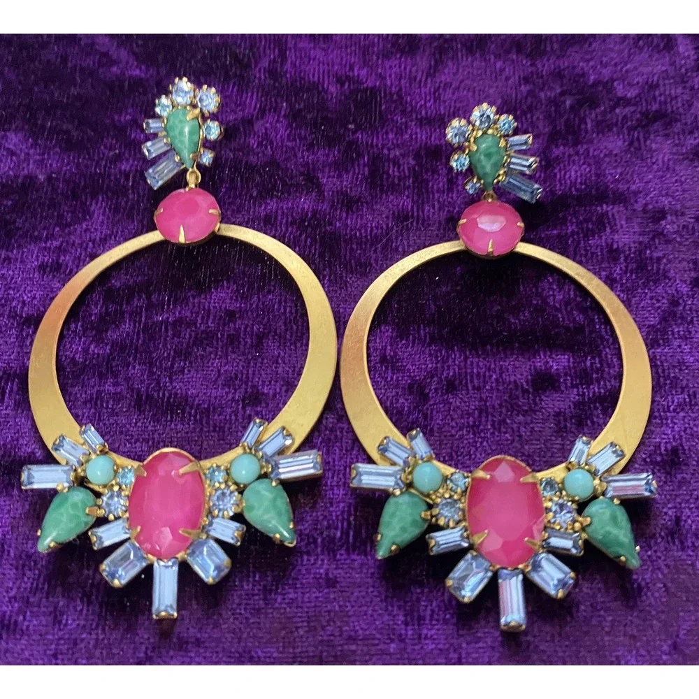 Elizabeth‎ Cole Pink Crystal Drop Dangle Earrings Speckled Cabs Hoops Post Glam - Picture 4 of 9
